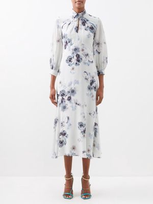 Erdem - Keena Pansy-print Silk Midi Dress - Womens - White Multi