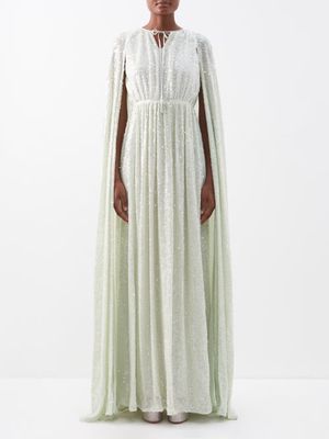 Erdem - Kenley Caped Sequinned-satin Gown - Womens - Light Green