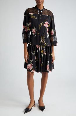 Erdem Lace Inset Floral Tiered Silk Dress in Blush