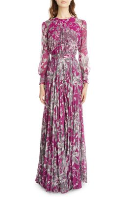 Erdem Lindsay Pleated Belted Floral Print Long Sleeve Gown in Purple/White