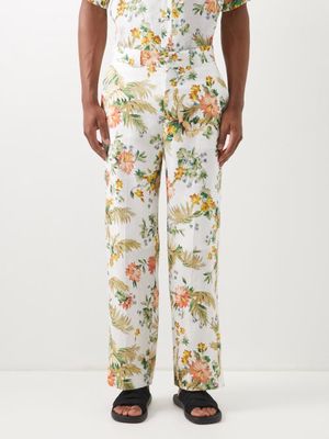 Erdem - Lionel Palm-print Linen Trousers - Mens - White Multi