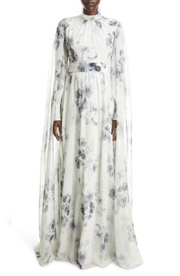 Erdem Macie Floral Long Sleeve Silk Voile Gown in Pale Blue Multi