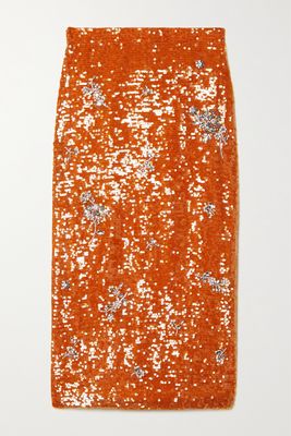 Erdem - Maira Embellished Sequined Satin Midi Skirt - Orange