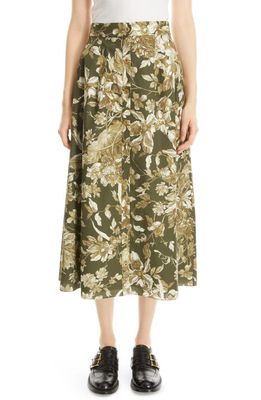 Erdem Meryl Floral Print Cotton Midi Skirt in Olive/Ecru