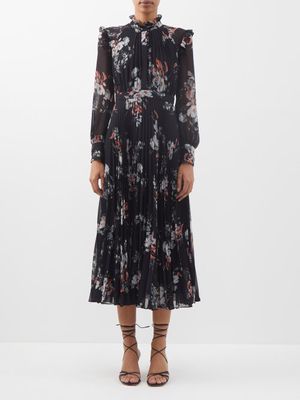 Erdem - Narella Floral-print Pleated-voile Midi Dress - Womens - Black Multi