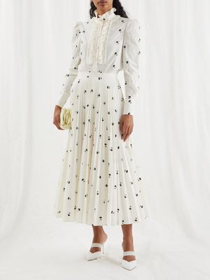 Erdem - Nesrine Disty Floral-embroidered Plissé Skirt - Womens - White Black