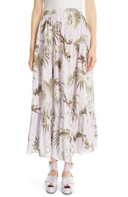 Erdem Olympia Palm Print Tiered Cotton Poplin Maxi Skirt in Wild Palm Lilac