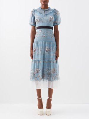 Erdem - Pearline Floral-print Silk-voile Midi Dress - Womens - Blue Multi
