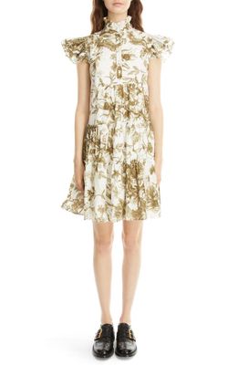 Erdem Pomona Floral Ruffle Sleeve Tiered Dress in White/Olive
