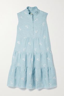 Erdem - Porto Tiered Embroidered Linen Mini Dress - Blue
