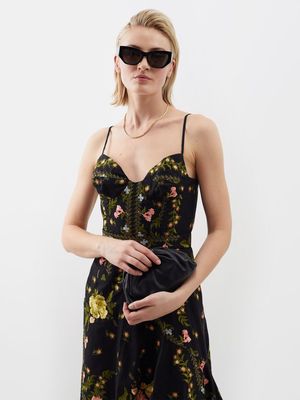Erdem - Samara Floral-embroidered Cotton-faille Midi Dress - Womens - Black Multi