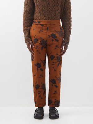 Erdem - Samuel Floral-embroidered Cotton-twill Trousers - Mens - Brown Multi