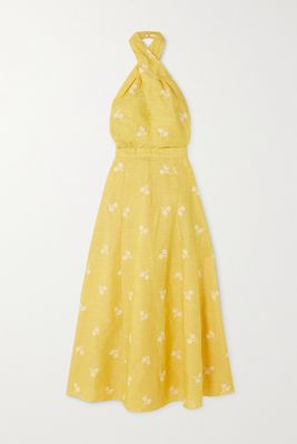 Erdem - Selene Halterneck Embroidered Linen Midi Dress - Yellow
