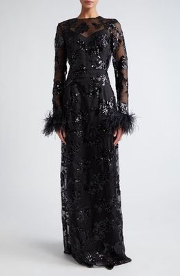 Erdem Sequin Feather Cuff Long Sleeve Silk Organza Gown in Black Black