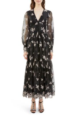Erdem Tabetha Embroidered Floral Long Sleeve Tiered Organza Maxi Dress in Black