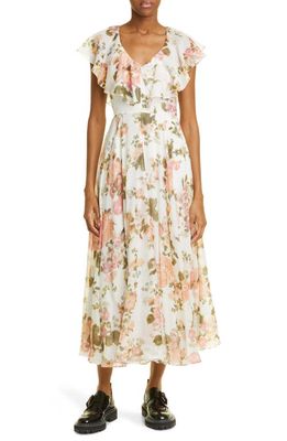 Erdem Theophila Print Ruffle Neck Cotton & Silk Voile Dress in Soft Blossom Coral