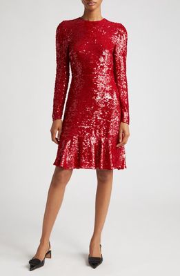 Erdem Tiered Ruffle Long Sleeve Sequin Cocktail Dress in Ruby Red