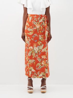 Erdem - Vacation Hermia Floral-print Cotton Wrap Skirt - Womens - Red Multi