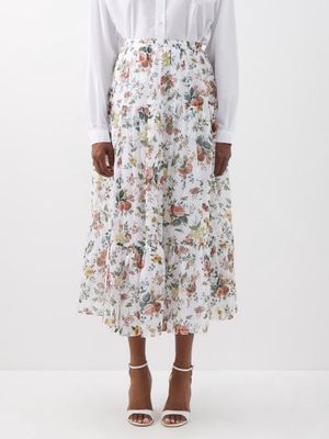 Erdem - Vacation Olympia Floral-print Cotton Midi Skirt - Womens - White Multi