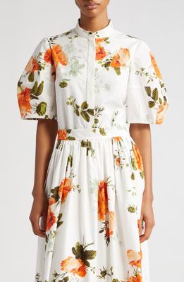 Erdem Volume Floral Print Puff Sleeve Button-Up Shirt in White