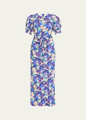 Erin Abstract Floral Print Drawstring Ruched Midi Dress