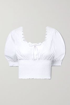 ERL - Cropped Shirred Broderie Anglaise Cotton-poplin Top - White