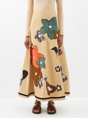 Erl - Floral-appliqué Cotton-corduroy Maxi Skirt - Womens - Beige Multi