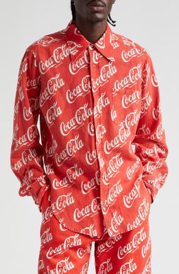 ERL Gender Inclusive Coca-Cola Cotton & Linen Snap-Up Shirt in Red Coca Cola