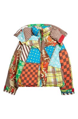 ERL Gender Inclusive Cowboy Snowboard Patchwork Print Puffer Coat with Detachable Hood in Yellow Multi