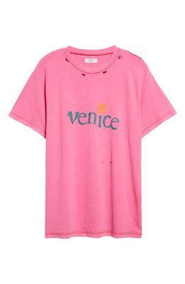 ERL Gender Inclusive Venice Distressed Cotton & Linen Graphic T-Shirt in Pink
