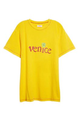 ERL Gender Inclusive Venice Distressed Cotton & Linen Graphic T-Shirt in Yellow