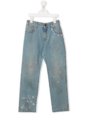 ERL KIDS floral-embroidered straight-leg jeans - Blue