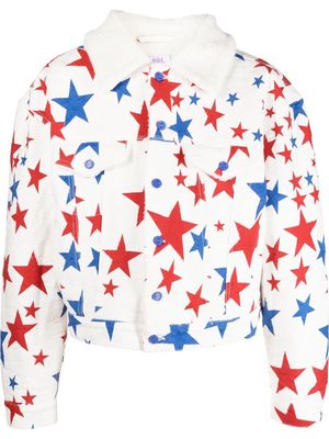ERL star print faux-fur collar denim jacket - White