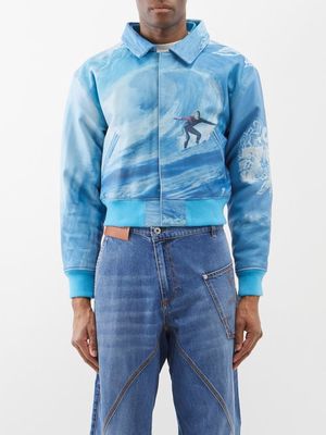 Erl - Surf-print Leather Bomber Jacket - Mens - Blue Multi