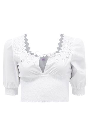 Erl - Tie-front Smocked Cotton Cropped Top - Womens - White