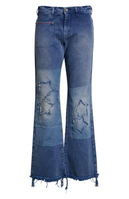 ERL Unisex Patchwork Fringe Flare Jeans in Blue