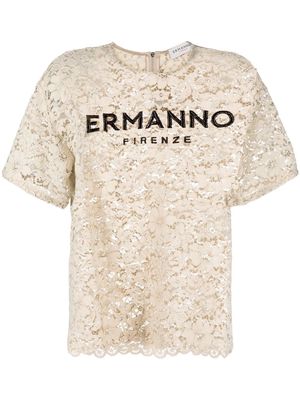 ERMANNO FIRENZE embroidered logo floral lace T-shirt - Neutrals