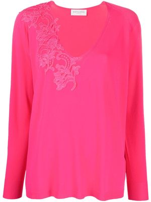 ERMANNO FIRENZE floral lace-appliqué long-sleeve jumper - Pink