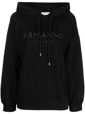 ERMANNO FIRENZE logo-embroidered lace-detail hoodie - Black