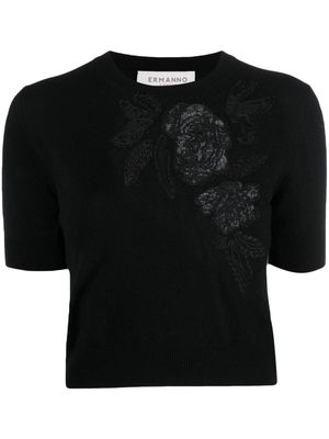 ERMANNO FIRENZE rose-embroidered fine-knit T-shirt - Black