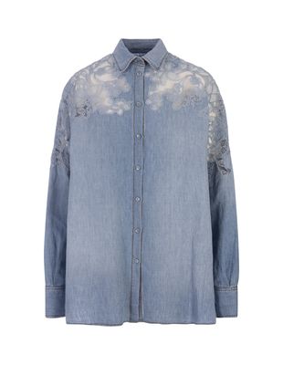 Ermanno Scervino Blue Linen And Cotton Over Shirt With Lace