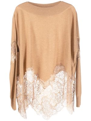 Ermanno Scervino fine-knit lace-trim jumper - Brown