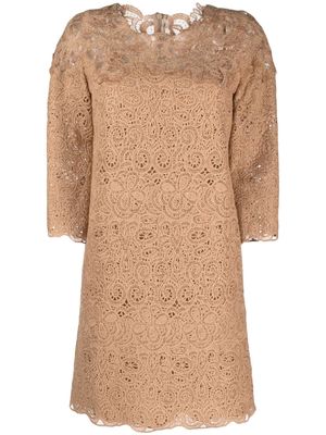 Ermanno Scervino floral-embroidered lace minidress - Brown