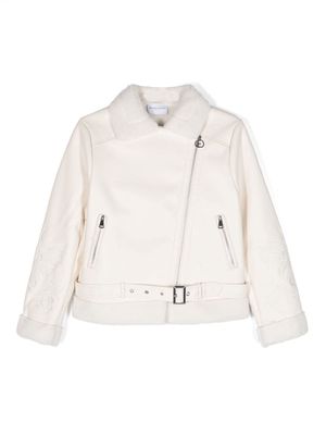 Ermanno Scervino Junior floral-embroidered faux-leather jacket - White