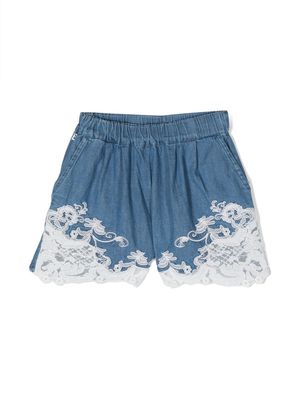 Ermanno Scervino Junior lace-appliqué denim shorts - Blue
