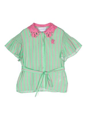 Ermanno Scervino Junior sheer-lace collar striped shirt - Green