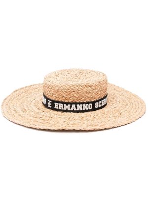 Ermanno Scervino logo-print ribbon raffia hat - Neutrals