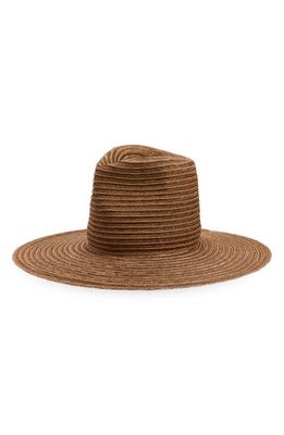 ESENSHEL Wide Brim Woven Fedora in Brown/Ivory 