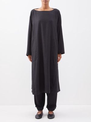 Eskandar - Boat Neck Wool-flannel Trapeze Dress - Womens - Charcoal
