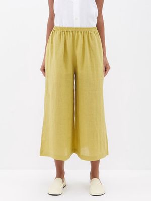 Eskandar - Elasticated-waist Flared Linen Cropped Trousers - Womens - Yellow